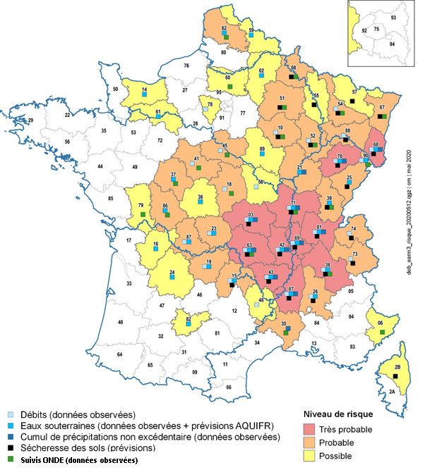 Cette carte publiée jeudi 14 mai par le ministère de la Transition écologique indique les régions où des pénuries d'eau sont à craindre.&nbsp; (MINISTERE DE LA TRANSITION ECOLOGIQUE)