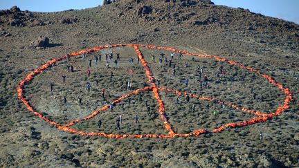 Un immense&nbsp;signe de la paix a été formé sur une colline de l'île de Lesbos (Grèce) avec les gilets de sauvetage, le 1er janvier 2016.&nbsp; (FLORIAN SCHULZ / GREENPEACE / AFP)