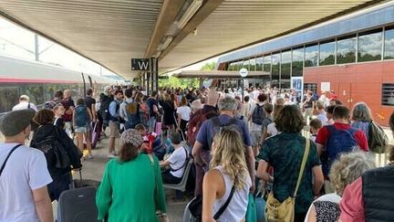 La rame d'un TGV immobilisé après un incident, le 13 juillet 2023, en gare du Creusot (Saône-et-Loire). (GILLES SILARD / FRANCE TELEVISIONS)