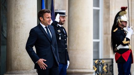 Le président de la République, Emmanuel Macron, sur le perron de l'Elysée, le 7 juin 2022 à Paris. (XOSE BOUZAS / HANS LUCAS / AFP)