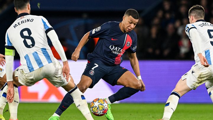 Kylian Mbappé lors de PSG-Real Sociedad, le 14 février 2024. (MIGUEL MEDINA / AFP)