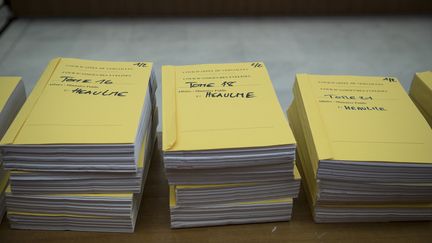 Des dossiers pour le procès en appel de Francis Heaulme au tribunal de Versailles (Yvelines), le 4 décembre 2018. (THOMAS SAMSON / AFP)