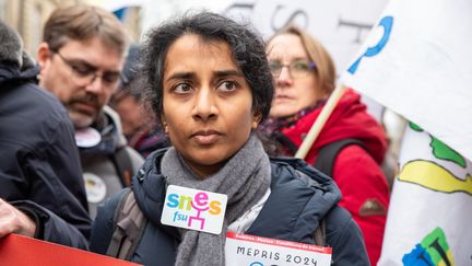 La secrétaire générale du syndicat Snes-FSU le 1er février 2024. (VALERIE DUBOIS / HANS LUCAS via AFP)