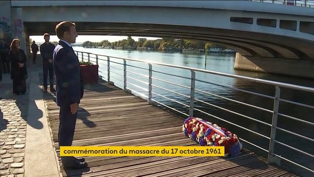 Emmanuel Macron dépose une gerbe au pied du pont de Bezons