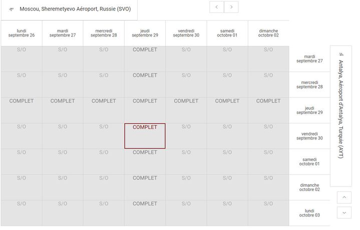 Capture d'écran du site Air Serbia sur la page dédiée aux vols Moscou-Antalya, le 23 septembre 2022.&nbsp; (CAPTURE ECRAN / FRANCEINFO)