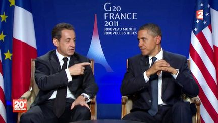 Nicolas Sarkozy et Barack Obama interrog&eacute;s &agrave; l'occasion du G20, le 4 novembre 2011. (FRANCE 2)