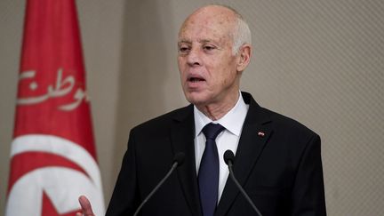 Le président tunisien, Kaïs Saïed lors de la prestation de serment du nouveau gouvernement, le 2 septembre 2020 au Palais de Carthage. (FETHI BELAID / AFP)