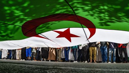 Des Algériens participent au "Hirak" ("mouvement"), le 31 mai 2019. De nombreux citoyens défilent chaque vendredi depuis février pour&nbsp;protester contre la candidature d'Abdelaziz Bouteflika à un cinquième mandat. Le renoncement de celui-ci obtenu, les protestataires ont commencé à réclamer un changement de Constitution ainsi que le départ de&nbsp;dignitaires du régime. (RYAD KRAMDI / AFP)