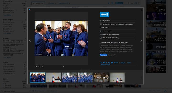 Capture d'écran de la photo d'Antoine Griezmann adressant un salut militaire à Emmanuel Macron, le 4 juin 2019 à l'Elysée (Paris), dans le catalogue de&nbsp;l'AFP. (FRANCEINFO)