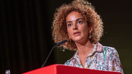 Leïla Slimani, s'exprime lors de l'ouverture du Festival international de littérature de Berlin (Allemagne), le 8 septembre 2021. (CHRISTOPHE GATEAU / DPA / AFP)