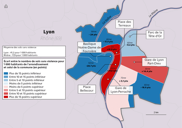 Vols sans violence contre des personnes enregistrés dans les arrondissements de Lyon en 2022. (SSMI)