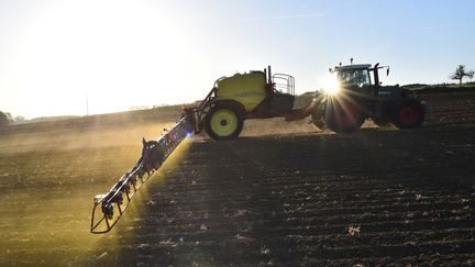 Un agriculteur répand des pesticides sur un champ (illustration). (JEAN-FRANCOIS MONIER / AFP)