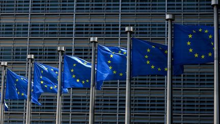 Des drapeaux européens devant la Commission à Bruxelles, le 16 juin 2022.&nbsp; (KENZO TRIBOUILLARD / AFP)