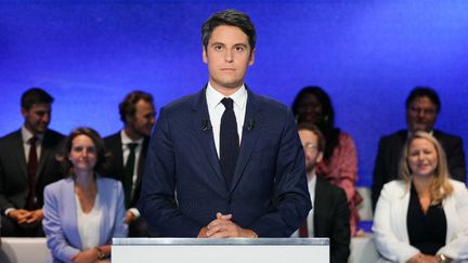 Gabriel Attal lors du débat sur TF1, le 25 juin 2024 à Boulogne-Billancourt (Hauts-de-Seine). (DIMITAR DILKOFF / AFP)