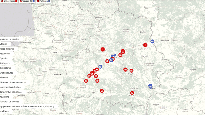 Capture d'écran d'une carte du site Belarusian Hajun recensant l'activité militaire russe en Biélorussie, à la date du 17 janvier 2023. (BELARUSIAN HAJUN / FRANCE TELEVISIONS)