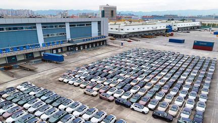 Voitures électriques chinoises stockées au port de Chongqing (Chine), le 11 novembre 2023. (CFOTO/NURPHOTO/AFP)