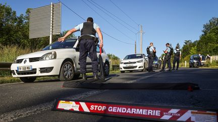 Des gendarmes dans le secteur du Lardin-Saint-Lazare, pendant la traque du forcené, le 31 mai 2021. (THIBAUD MORITZ / AFP)