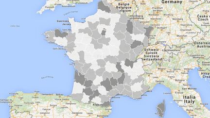 La carte de France du vote blanc apr&egrave;s le second tour des &eacute;lections d&eacute;partementales du 29 mars 2015. (  FRANCETV INFO )