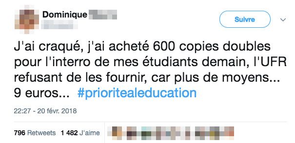 Le tweet de Dominique, professeure d'université, publié le 20 février 2018. (TWITTER)