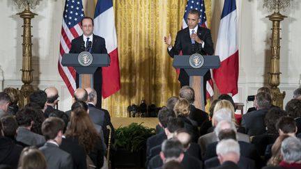 Lors de la conf&eacute;rence de presse commune de Barack Obama&nbsp;et Fran&ccedil;ois Hollande, &agrave; Washington, le 11 f&eacute;vrier 2014. (BRENDAN SMIALOWSKI / AFP)