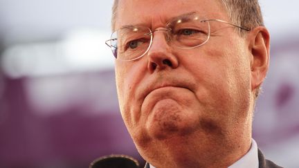 Peer Steinbr&uuml;ck, rival d'Angela Merkel, lors d'une r&eacute;union publique &agrave; Saarbrucken (Allemagne), le 22 septembre 2013. (NURPHOTO/SIPA)