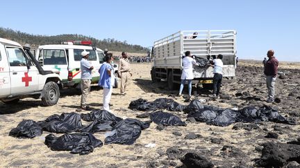 L'équipe des secours sur les lieux du crash d'un avion de l'Ethiopia Airlines près de Bishoftu, à 60 km d'Addis-Abbeba, en Ethiopie, le 10 mars 2019. (MICHAEL TEWELDE / AFP)