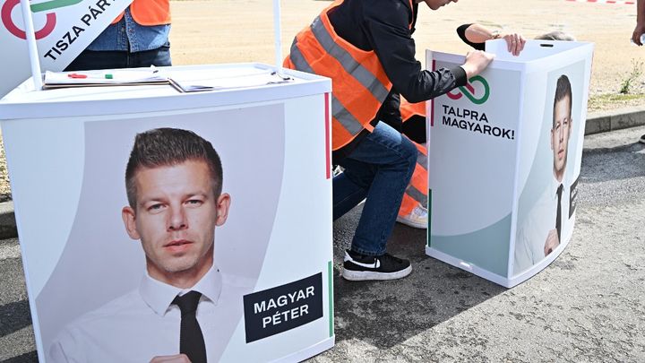 The portrait of European election candidate Peter Magyar displayed during a meeting in Felcsut (Hungary), May 24, 2024. (ATTILA KISBENEDEK / AFP)