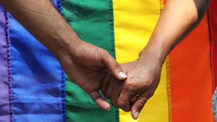 Deux homosexuels se tiennent la main lors d'une manifestation en faveur des droits LGBT, le 20 avril 2009 au Salvador. (JOSE CABEZAS / AFP)