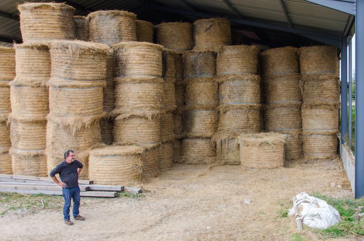 Henri Guillemot, éleveur, devant ses stocks de fourrage, à&nbsp;Toulon-sur-Arroux (Saône-et-Loire), le 2 octobre 2018. (THOMAS BAÏETTO / FRANCEINFO)