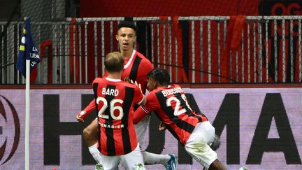 La joie des Niçois après le deuxième but contre Rennes, le 5 novembre 2023. (CHRISTOPHE SIMON / AFP)