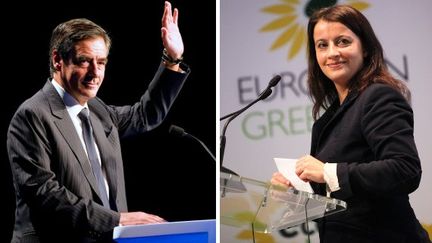 Le Premier ministre, Fran&ccedil;ois Fillon, et la secr&eacute;taire nationale d'Europe Ecologie-les Verts, C&eacute;cile Duflot. (AFP PHOTO / MAXPPP / MONTAGE FTVI)