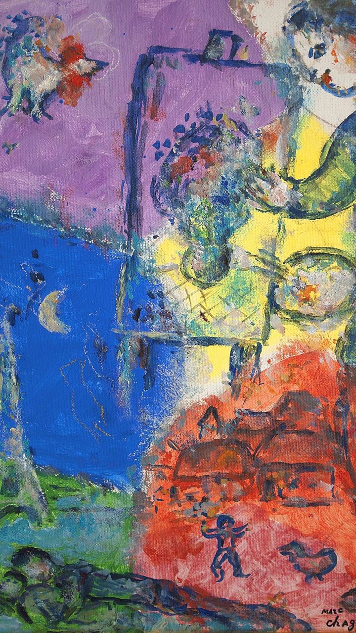 Marc Chagall, "Le peintre à Paris", 1978, huile sur toile 33 x 22 cm Collection Galerie Larock-Granoff,
Galerie d'art depuis 1924 (ADGAP, Paris 2023)