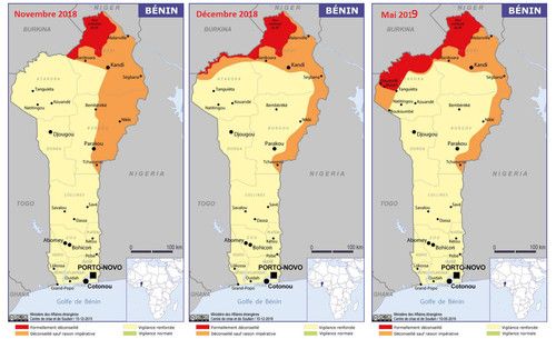 Cartes de vigilance du Bénin telles que présentées par le ministère des Affaires étrangères en novembre 2018, en décembre 2018 et en mai 2019. (MINISTERE DES AFFAIRES ETRANGERES / FRANCEINFO)