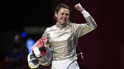 Manon Brunet a remporté la médaille de bronze au sabre lors des Jeux olympiques de Tokyo, le lundi 26 juillet 2021. (HERVIO JEAN-MARIE / KMSP via AFP)