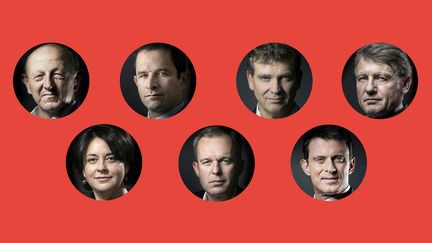 Les sept candidats à la primaire de la gauche. De gauche à droite et de haut en bas : Jean-Luc Bennahmias, Benoît Hamon, Arnaud Montebourg, Vincent Peillon, Sylvia Pinel, François de Rugy et Manuel Valls. (Stéphanie Berlu - Radio France)