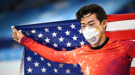 L'Américain&nbsp;Nathan Chen, nouveau champion olympique de patinage artistique, à Pékin, jeudi 10 février 2022. (ALEXEY FILIPPOV / SPUTNIK / AFP)