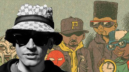 Ed Piskor à côté de ses héros Public Enemy (et MF Doom) dessinés par ses soins.
 (Ed Piskor / Papa Guédé Editions)