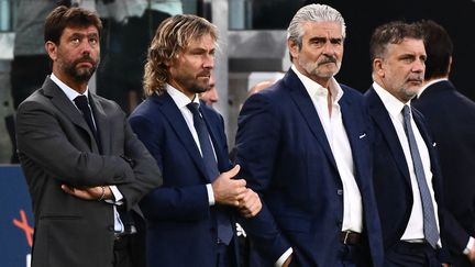 Le président de la Juventus Andrea Agnelli, le vice-président Pavel Nedved, le directeur général Maurizio Arrivabene et le coordinateur sportif Federico Cherubini, le 15 août 2022. (MARCO BERTORELLO / AFP)