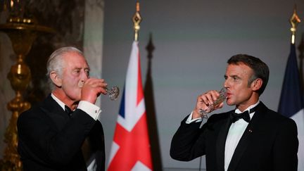 Le roi Charles III et Emmanuel Macron partagent un toast pendant un dîner d'Etat au château de Versailles, le 20 septembre 2023. (DANIEL LEAL / AFP)