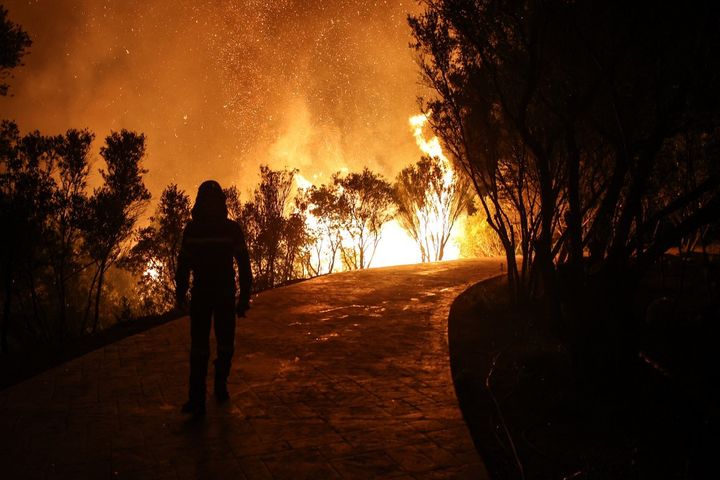 Un pompier lors d'un incendie près d'Athènes, en Grèce, le 3 août 2021. (ARIS OIKONOMOU / HANS LUCAS / AFP)