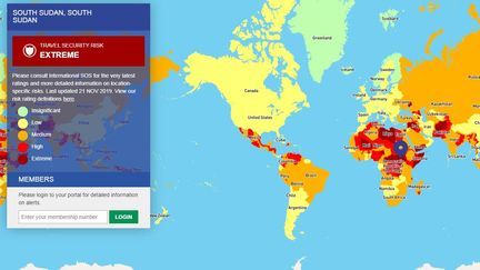 La situation au Soudan du Sud&nbsp; est très dangereuse et et est fortement déconseillée pour y passer des vacances sereines. (Capture d'écran "Travel Risk Map")