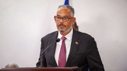 Le Premier ministre haïtien, Alix Didier Fils-Aimé, prononce son discours d'investiture, le 11 novembre 2024, à Port-au-Prince (Haïti). (PATRICE NOEL / ZUMA PRESS WIRE / SIPA)