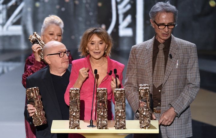 Josiane Balasko, Michel Blanc, Marie-Anne Chazel et Thierry Lhermitte à la 47e cérémonie des César, le 12 mars 2021. (BERTRAND GUAY / POOL)