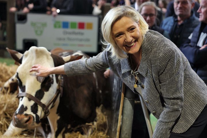 La cheffe de file des députés RN, Marine Le Pen, au Salon de l'agriculture le 28 février 2024 à Paris. (THOMAS SAMSON / AFP)