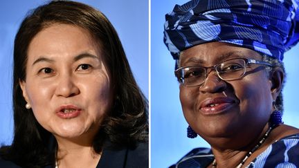 Les deux dernières candidates en lice pour prendre la tête de l'OMC : l'ancienne ministre du Commerce de la Corée du Sud Yoo Myung-hee (à gauche) et l'ancienne ministre des Finances du Nigeria Ngozi Okonjo-Iweala (à droite).&nbsp;Genève, le 16 juillet 2020. (Fabrice COFFRINI / AFP)