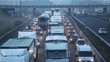 Op&eacute;ration escargot de routiers en gr&egrave;ve, sur l'A1, le 22 janvier 2015. (  MAXPPP)