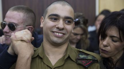 Le soldat franco-israélien,&nbsp;Elor Azaria,&nbsp;lors de son procès à la cour militaire de Tel Aviv (Israël), le 4 janvier 2017. (HEIDI LEVINE / AFP)