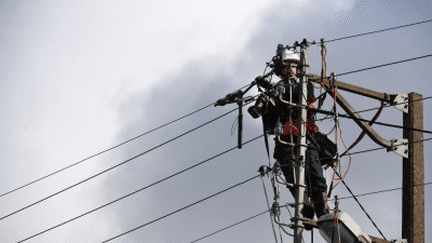 Un technicien d'Enedis répare une ligne endommagée par le vent, le 21 octobre 2021 à Plozevet (Finistère). (AFP)