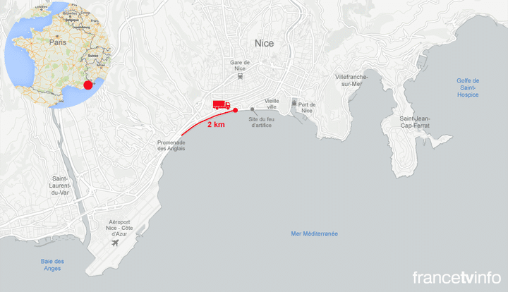 Carte de situation de l'attentat du 14 juillet 2016 à Nice. (NICOLAS ENAULT)