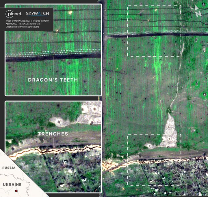 Des tranchées et des "dents de dragon" aux abords de Soledar, dans la région de Donetsk occupée par l'armée russe. (BRADY AFRICK / AMERICAN ENTERPRISE INSTITUTE)